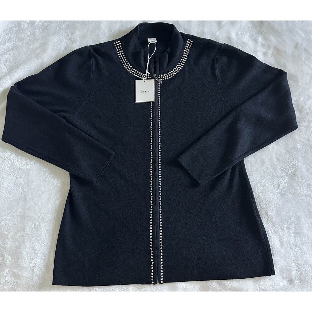 NWT Vila Milano Black Rhinestone Cardigan Sweater Jacket Zip Up Womens XL